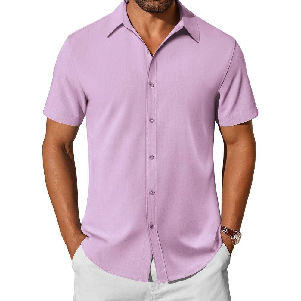 imageCOOFANDY Mens Casual Shirts Short Sleeve Button Down Shirt Wrinkle Free Summer ShirtLight Purple