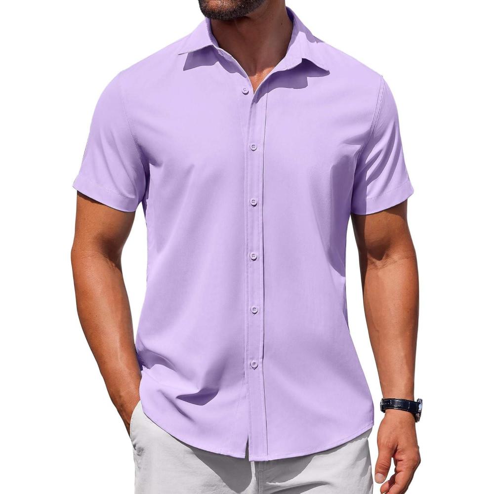 imageCOOFANDY Mens Casual Shirts Short Sleeve Button Down Shirt Wrinkle Free Summer ShirtLilac
