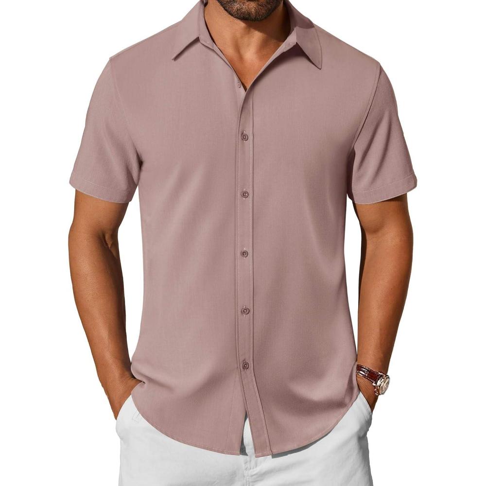 imageCOOFANDY Mens Casual Shirts Short Sleeve Button Down Shirt Wrinkle Free Summer ShirtPink