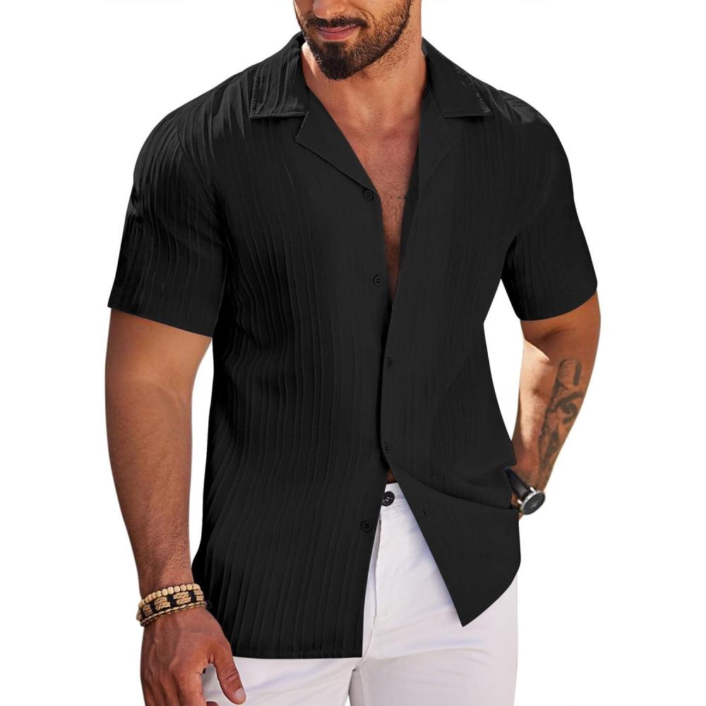 imageCOOFANDY Mens Casual Shirts Short Sleeve Button Down Shirts Fashion Textured Summer Beach ShirtBlack