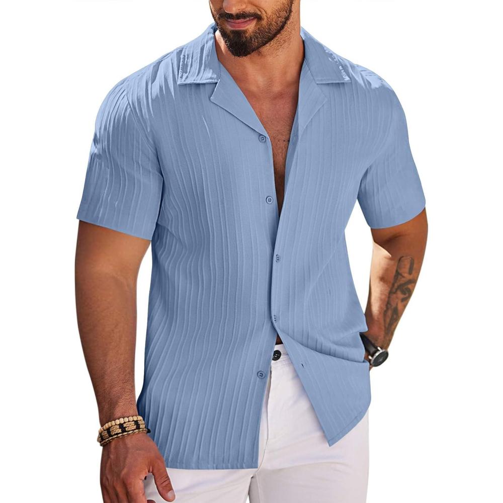 imageCOOFANDY Mens Casual Shirts Short Sleeve Button Down Shirts Fashion Textured Summer Beach ShirtBlue
