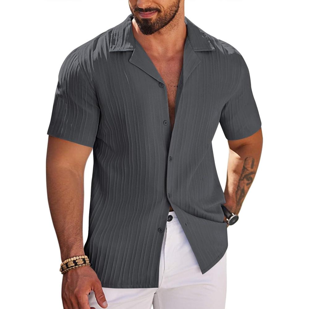 imageCOOFANDY Mens Casual Shirts Short Sleeve Button Down Shirts Fashion Textured Summer Beach ShirtDark Grey