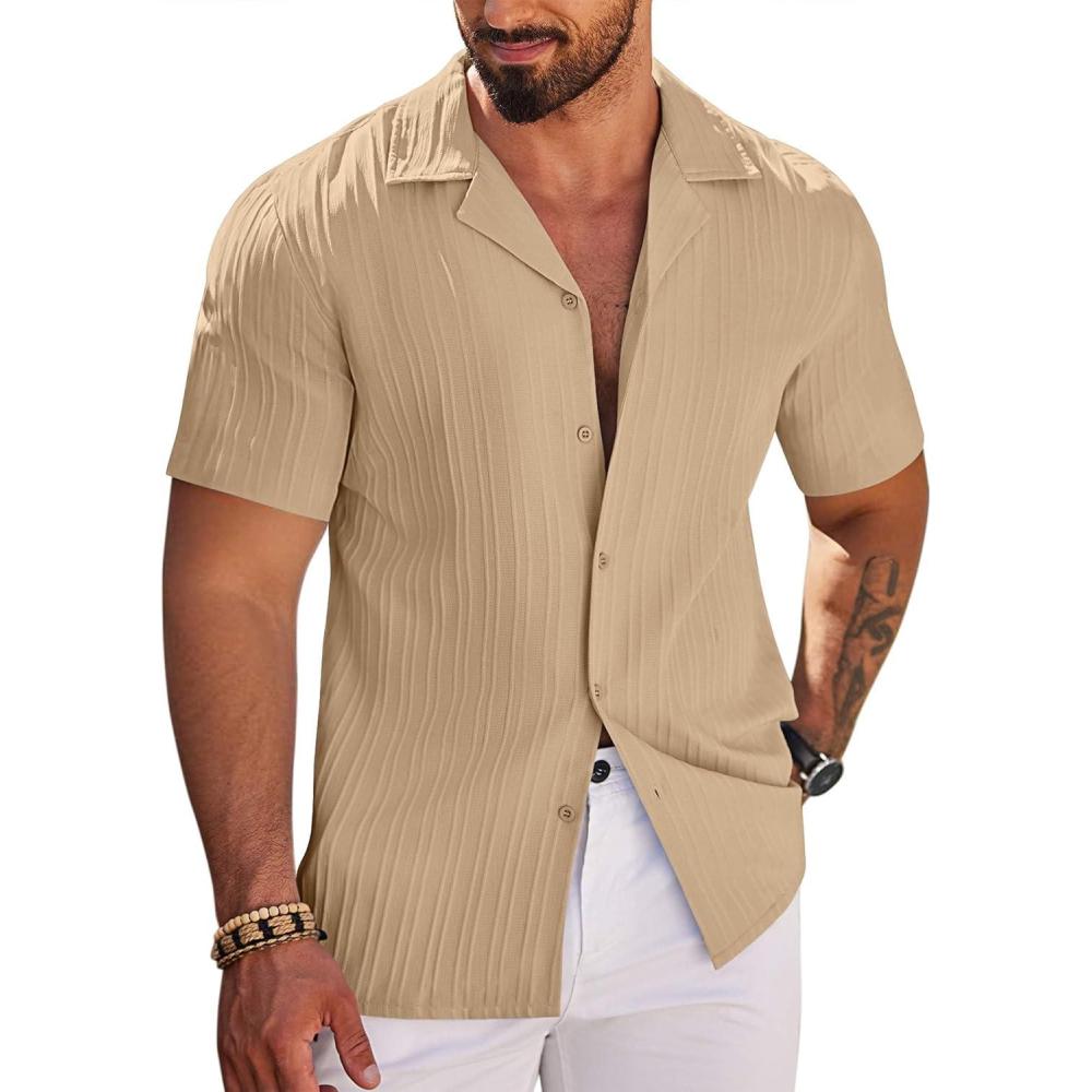 imageCOOFANDY Mens Casual Shirts Short Sleeve Button Down Shirts Fashion Textured Summer Beach ShirtKhaki
