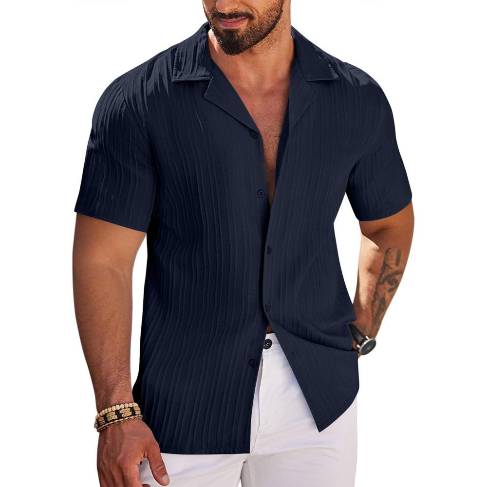 imageCOOFANDY Mens Casual Shirts Short Sleeve Button Down Shirts Fashion Textured Summer Beach ShirtNavy Blue