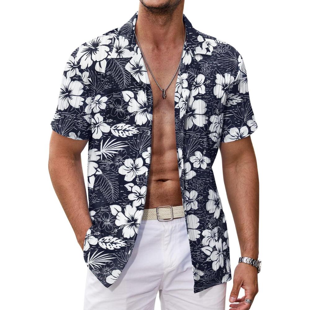 imageCOOFANDY Mens Casual Shirts Short Sleeve Button Down Shirts Fashion Textured Summer Beach ShirtNavywhite Flower