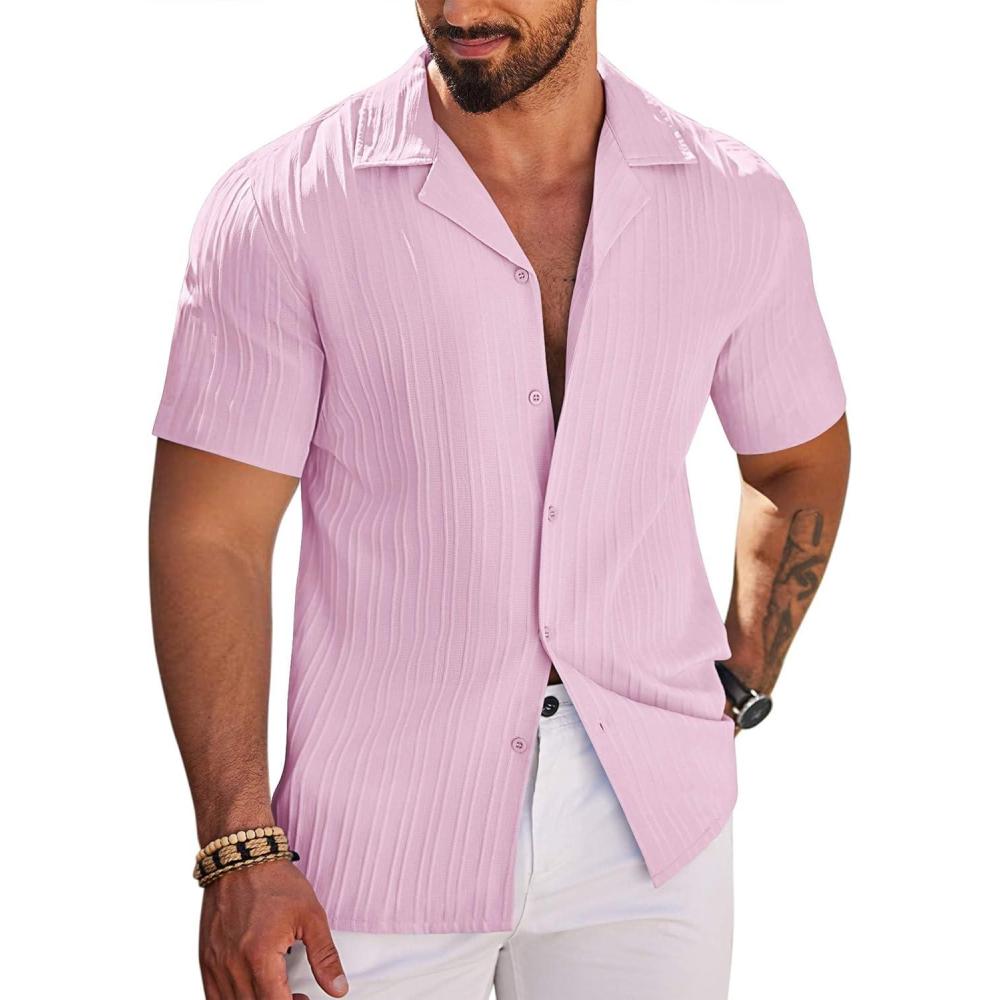 imageCOOFANDY Mens Casual Shirts Short Sleeve Button Down Shirts Fashion Textured Summer Beach ShirtPink