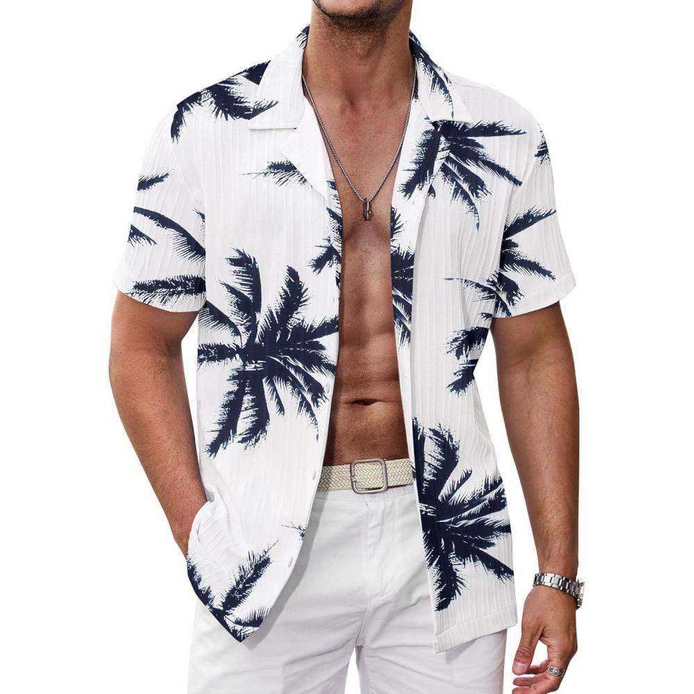 imageCOOFANDY Mens Casual Shirts Short Sleeve Button Down Shirts Fashion Textured Summer Beach ShirtWhitecoconut Tree