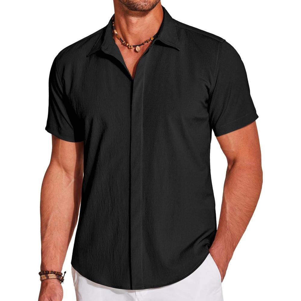 imageCOOFANDY Mens Casual Short Sleeve Button Down Summer Beach Shirt Lightweight Textured Wrinkle Free Stretch ShirtsBlack