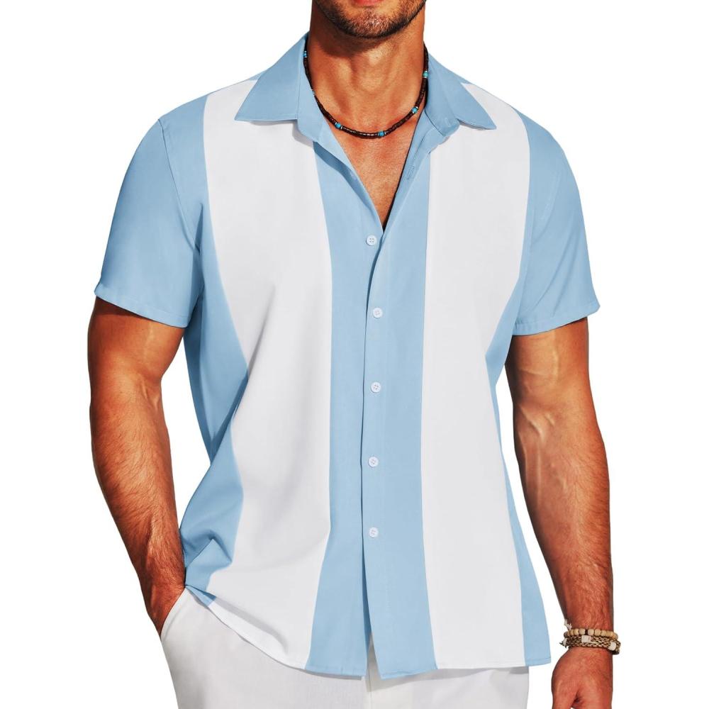 imageCOOFANDY Mens Casual Short Sleeve Button Down Summer Beach Shirt Lightweight Textured Wrinkle Free Stretch ShirtsBluewhite