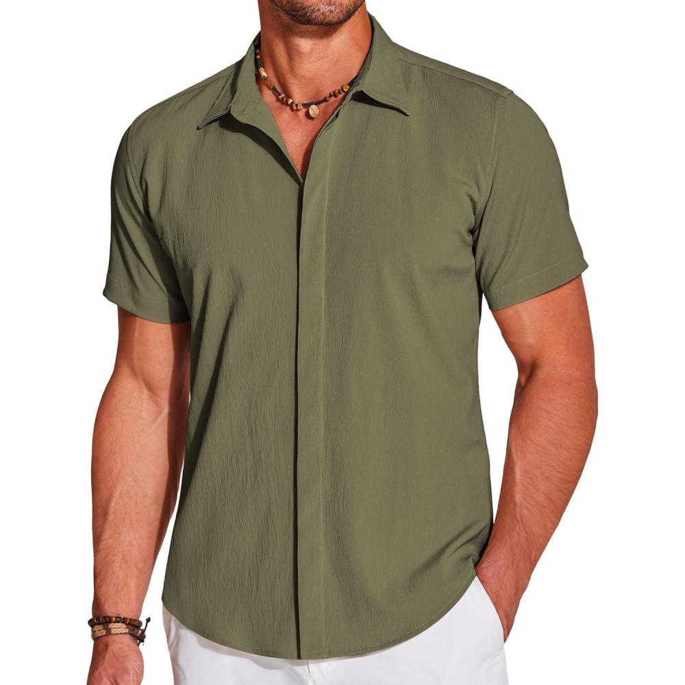 imageCOOFANDY Mens Casual Short Sleeve Button Down Summer Beach Shirt Lightweight Textured Wrinkle Free Stretch ShirtsChive