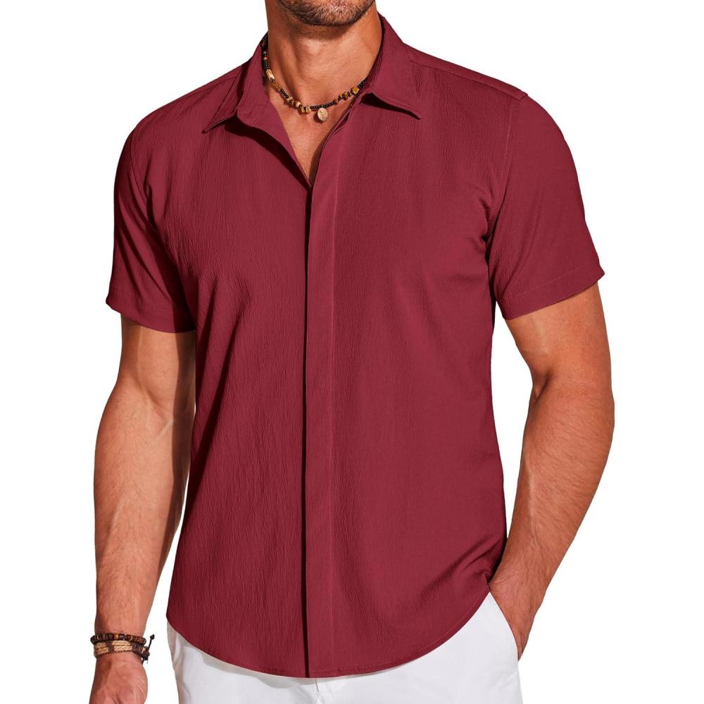 imageCOOFANDY Mens Casual Short Sleeve Button Down Summer Beach Shirt Lightweight Textured Wrinkle Free Stretch ShirtsScarlet