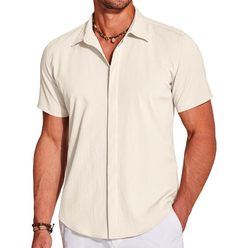 imageCOOFANDY Mens Casual Short Sleeve Button Down Summer Beach Shirt Lightweight Textured Wrinkle Free Stretch ShirtsVanilla Ice