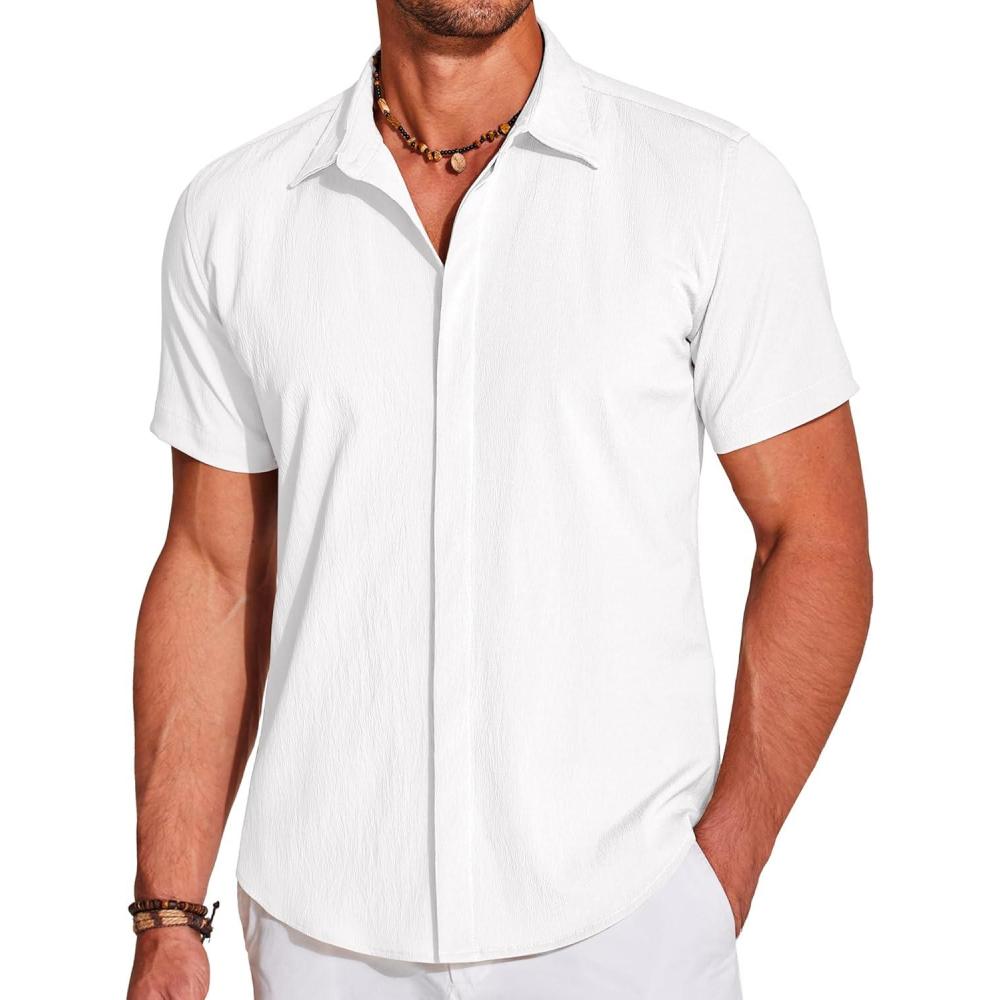 imageCOOFANDY Mens Casual Short Sleeve Button Down Summer Beach Shirt Lightweight Textured Wrinkle Free Stretch ShirtsWhite