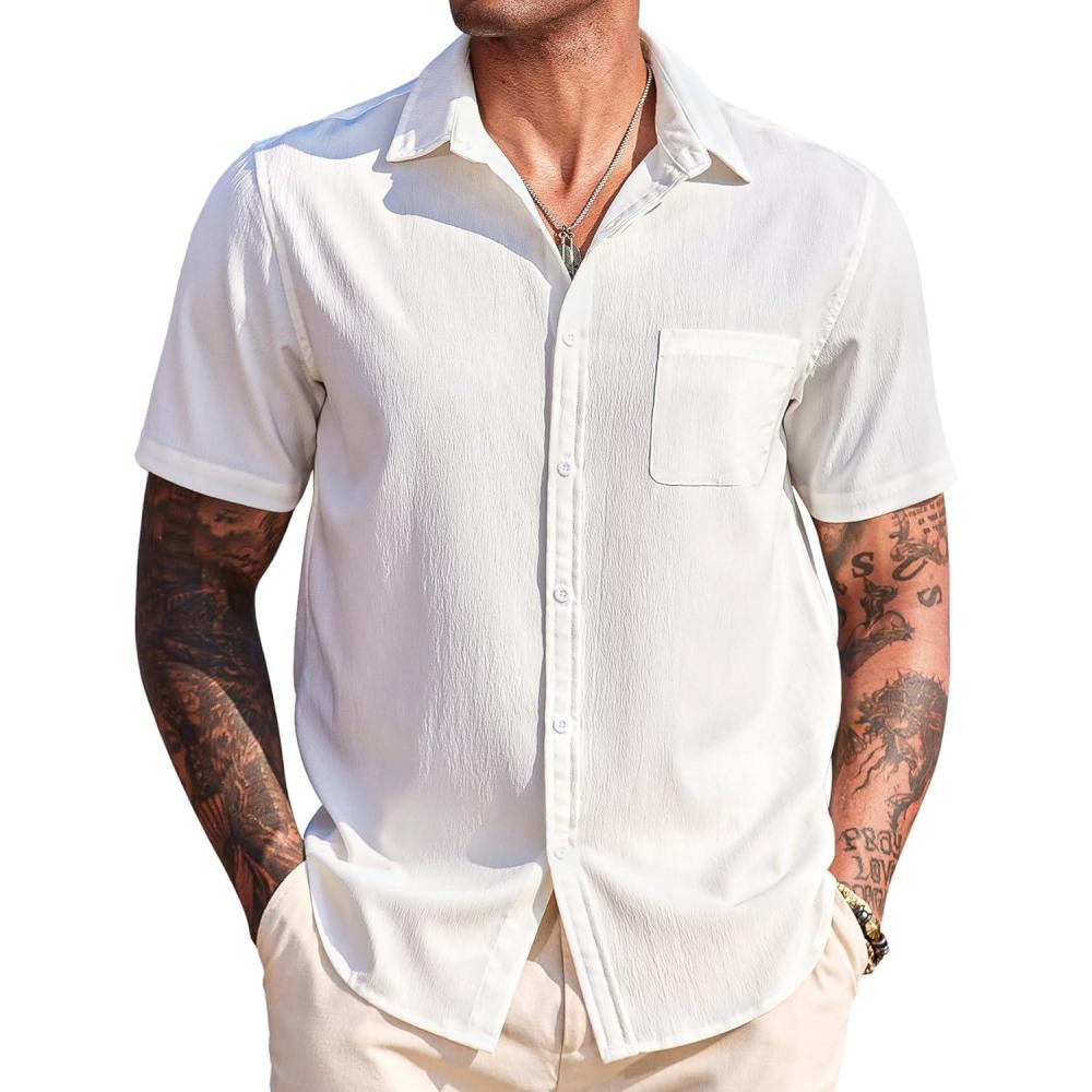 imageCOOFANDY Mens Casual Short Sleeve Button Down Summer Beach Shirt Lightweight Textured Wrinkle Free Untucked ShirtsWhite