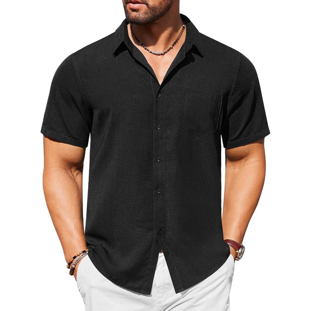 imageCOOFANDY Mens Casual Short Sleeve Shirts Button Down Textured Shirts Summer Beach Shirt with PocketBlack