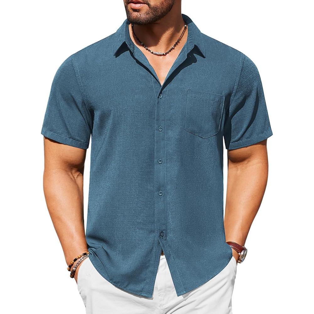 imageCOOFANDY Mens Casual Short Sleeve Shirts Button Down Textured Shirts Summer Beach Shirt with PocketGrey Blue
