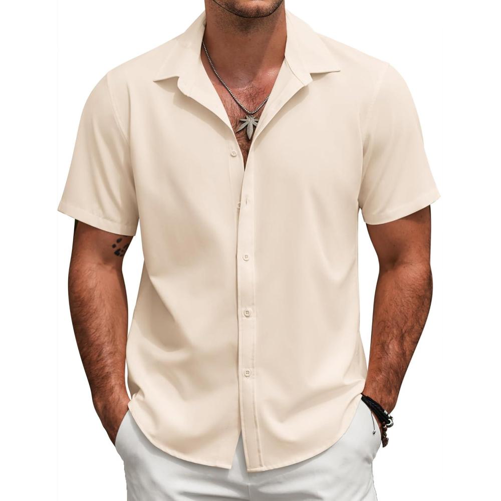 imageCOOFANDY Mens Casual Short Sleeve Shirts Button Down Textured Shirts Summer Beach Shirt with PocketKhaki