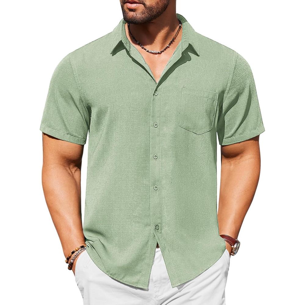imageCOOFANDY Mens Casual Short Sleeve Shirts Button Down Textured Shirts Summer Beach Shirt with PocketLight Green