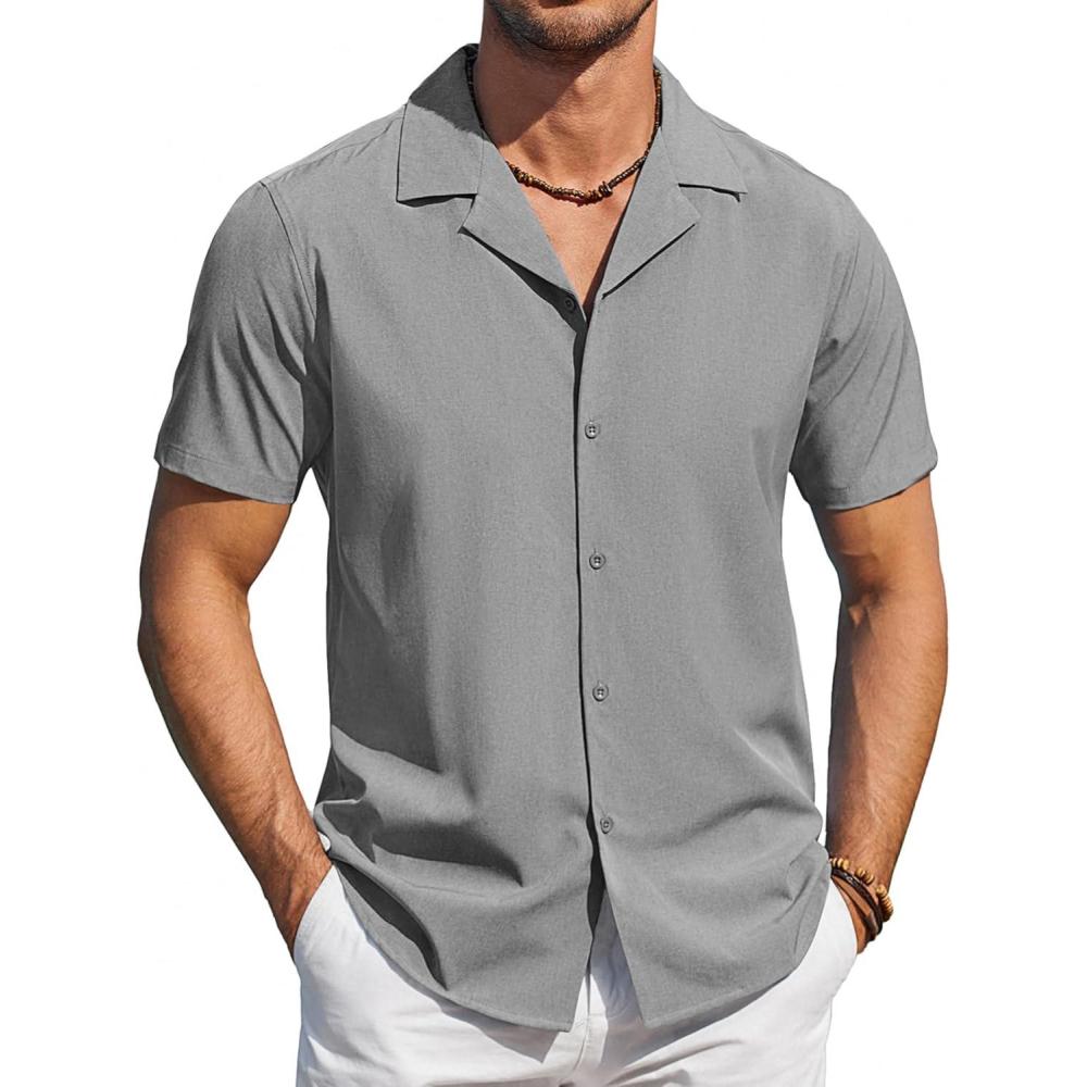 imageCOOFANDY Mens Casual Short Sleeve Shirts Button Down Textured Shirts Summer Beach Shirt with PocketLight Grey