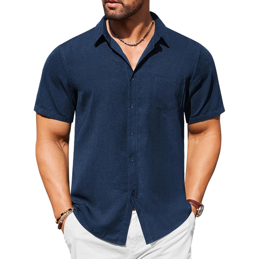 imageCOOFANDY Mens Casual Short Sleeve Shirts Button Down Textured Shirts Summer Beach Shirt with PocketNavy Blue