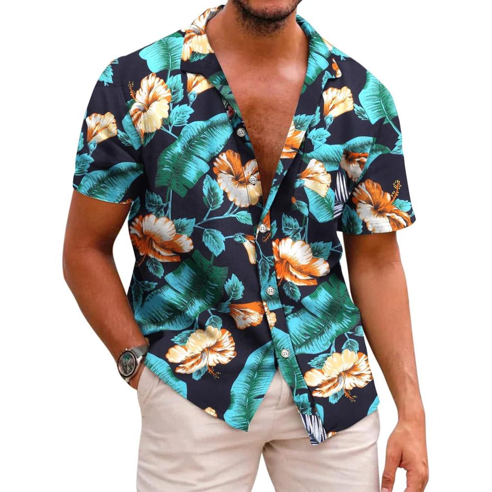 imageCOOFANDY Mens Casual Short Sleeve Shirts Summer Beach Shirt Button Down Textured Shirts Vacation Hawaiian ShirtsBlack Green Leaf