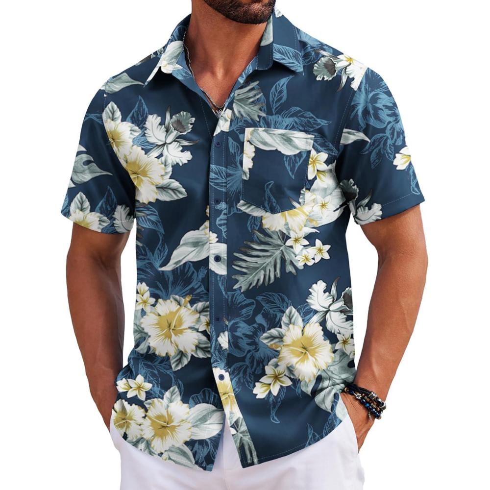 imageCOOFANDY Mens Casual Short Sleeve Shirts Summer Beach Shirt Button Down Textured Shirts Vacation Hawaiian ShirtsBlack White Leaf