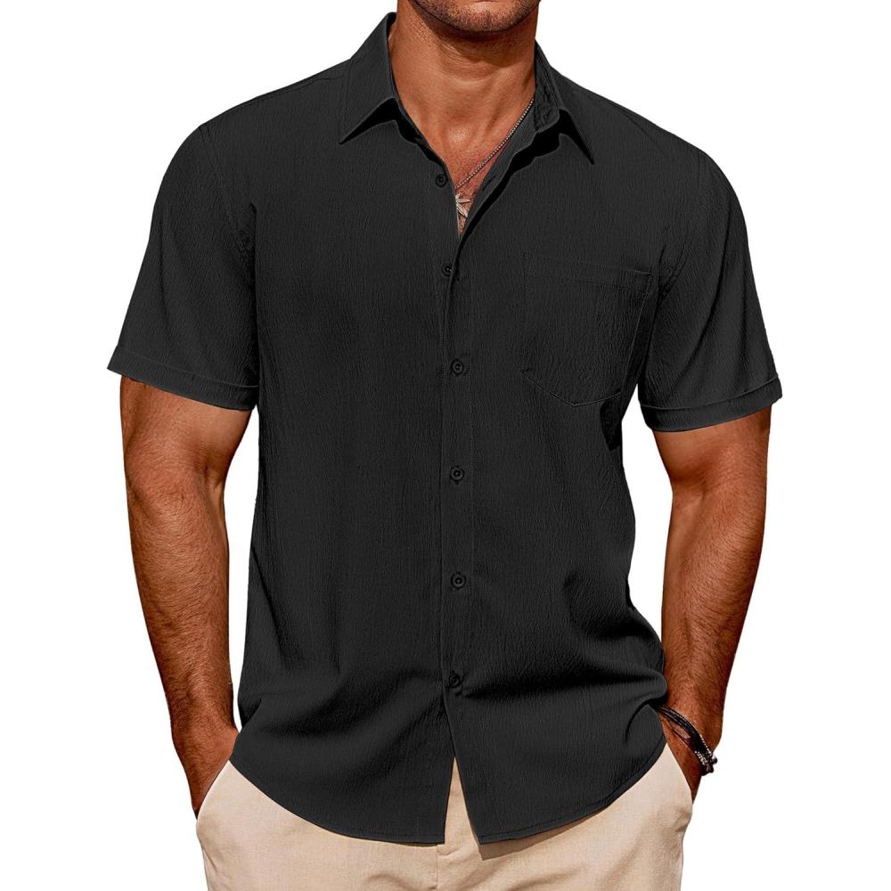imageCOOFANDY Mens Casual Short Sleeve Shirts Summer Beach Shirt Button Down Textured Shirts Vacation Hawaiian ShirtsBlack