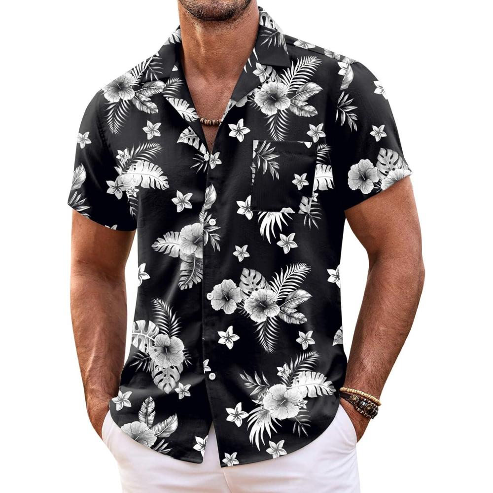 imageCOOFANDY Mens Casual Short Sleeve Shirts Summer Beach Shirt Button Down Textured Shirts Vacation Hawaiian ShirtsBlackwhite Flower