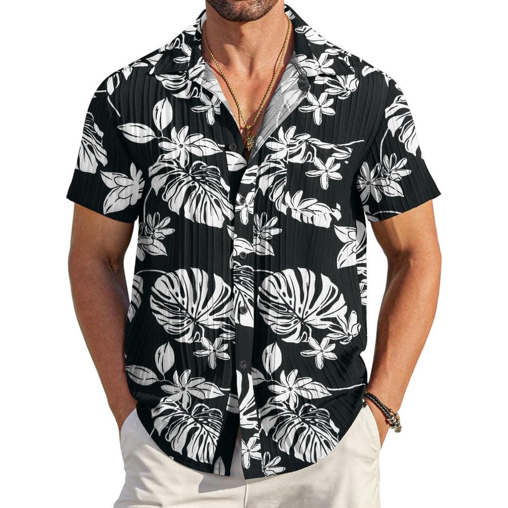 imageCOOFANDY Mens Casual Short Sleeve Shirts Summer Beach Shirt Button Down Textured Shirts Vacation Hawaiian ShirtsBlackwhite Leaves