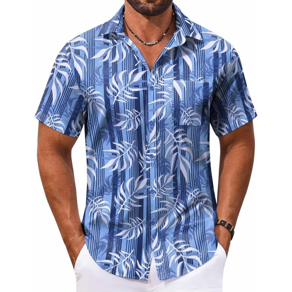 imageCOOFANDY Mens Casual Short Sleeve Shirts Summer Beach Shirt Button Down Textured Shirts Vacation Hawaiian ShirtsBlueplam Leaves