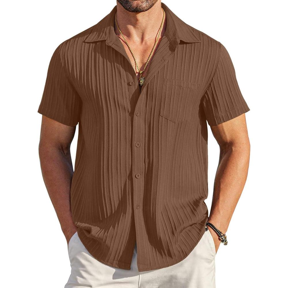 imageCOOFANDY Mens Casual Short Sleeve Shirts Summer Beach Shirt Button Down Textured Shirts Vacation Hawaiian ShirtsBrown
