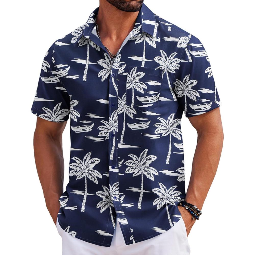 imageCOOFANDY Mens Casual Short Sleeve Shirts Summer Beach Shirt Button Down Textured Shirts Vacation Hawaiian ShirtsDark Blue Palm Tree
