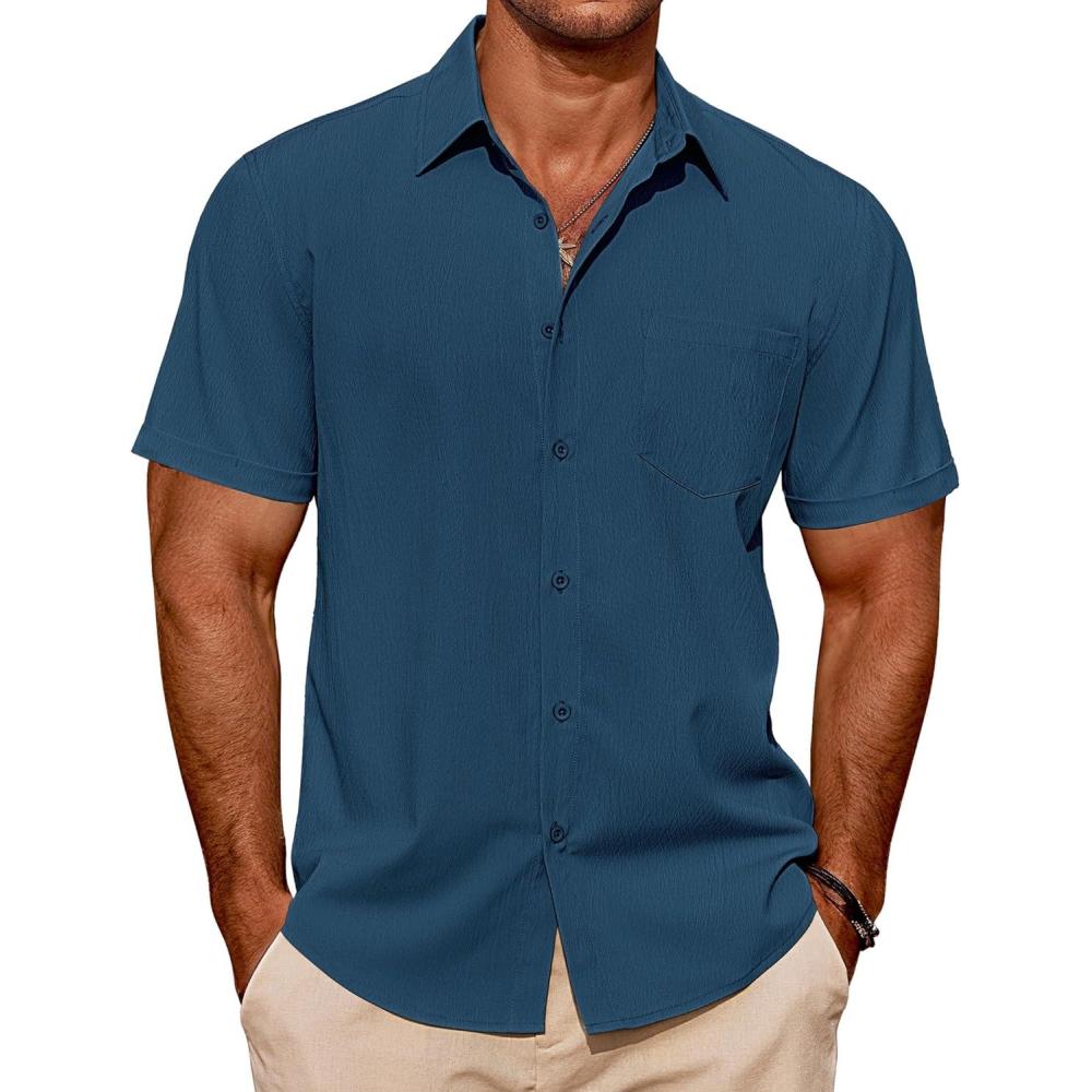 imageCOOFANDY Mens Casual Short Sleeve Shirts Summer Beach Shirt Button Down Textured Shirts Vacation Hawaiian ShirtsDark Blue