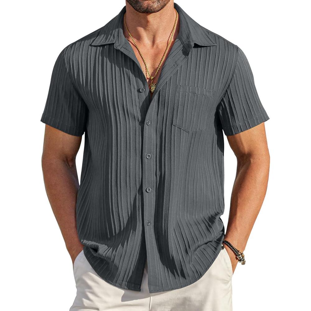 imageCOOFANDY Mens Casual Short Sleeve Shirts Summer Beach Shirt Button Down Textured Shirts Vacation Hawaiian ShirtsDark Grey