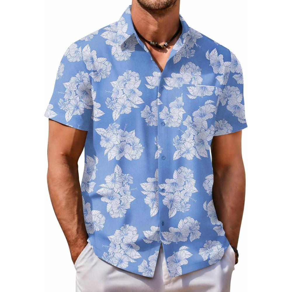 imageCOOFANDY Mens Casual Short Sleeve Shirts Summer Beach Shirt Button Down Textured Shirts Vacation Hawaiian ShirtsFlowerlight Blue