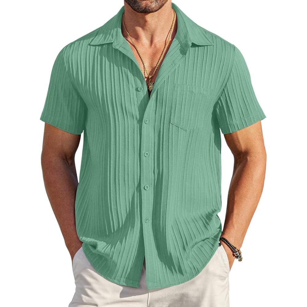 imageCOOFANDY Mens Casual Short Sleeve Shirts Summer Beach Shirt Button Down Textured Shirts Vacation Hawaiian ShirtsGray Green