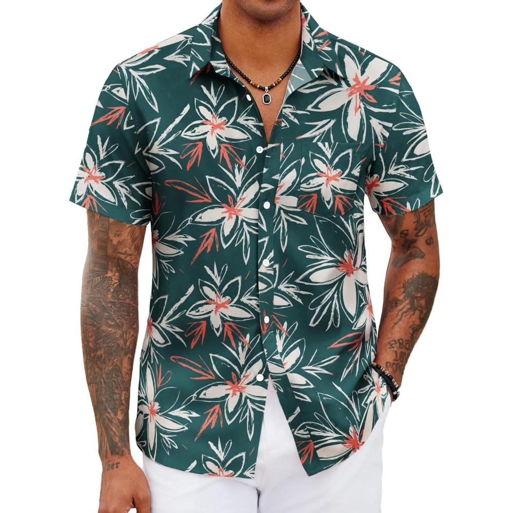 imageCOOFANDY Mens Casual Short Sleeve Shirts Summer Beach Shirt Button Down Textured Shirts Vacation Hawaiian ShirtsGreen Khaki Flower