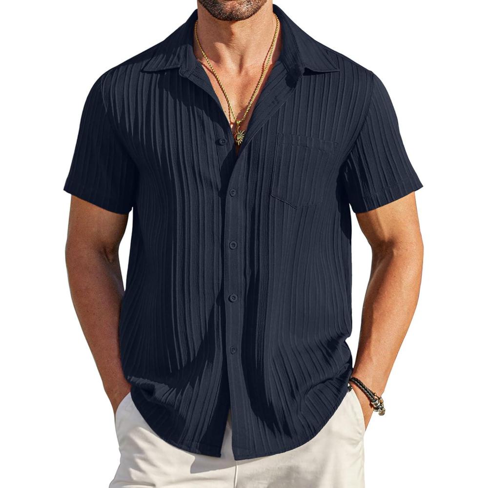 imageCOOFANDY Mens Casual Short Sleeve Shirts Summer Beach Shirt Button Down Textured Shirts Vacation Hawaiian ShirtsIndigo