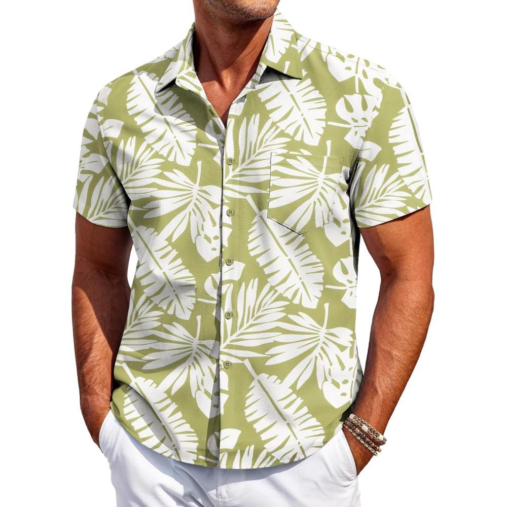 imageCOOFANDY Mens Casual Short Sleeve Shirts Summer Beach Shirt Button Down Textured Shirts Vacation Hawaiian ShirtsLeafgreen