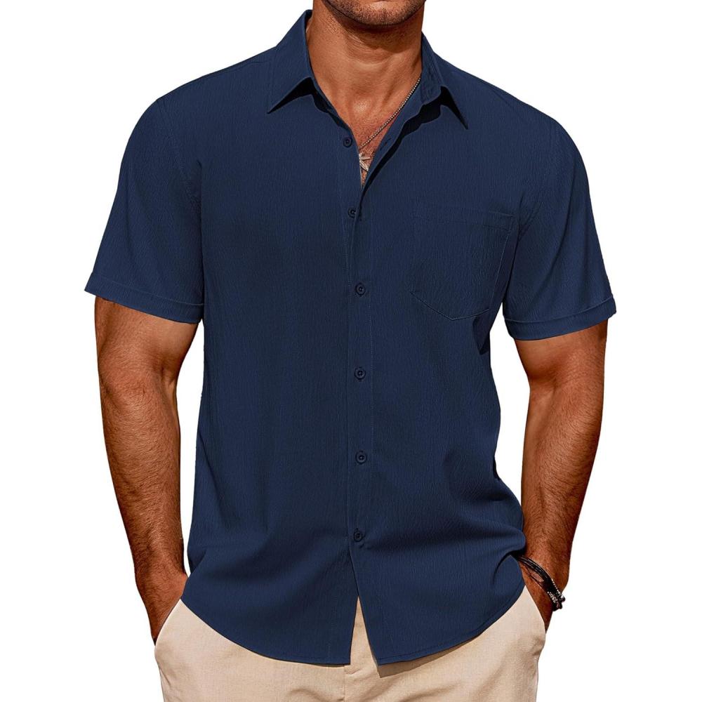imageCOOFANDY Mens Casual Short Sleeve Shirts Summer Beach Shirt Button Down Textured Shirts Vacation Hawaiian ShirtsNavy Blue