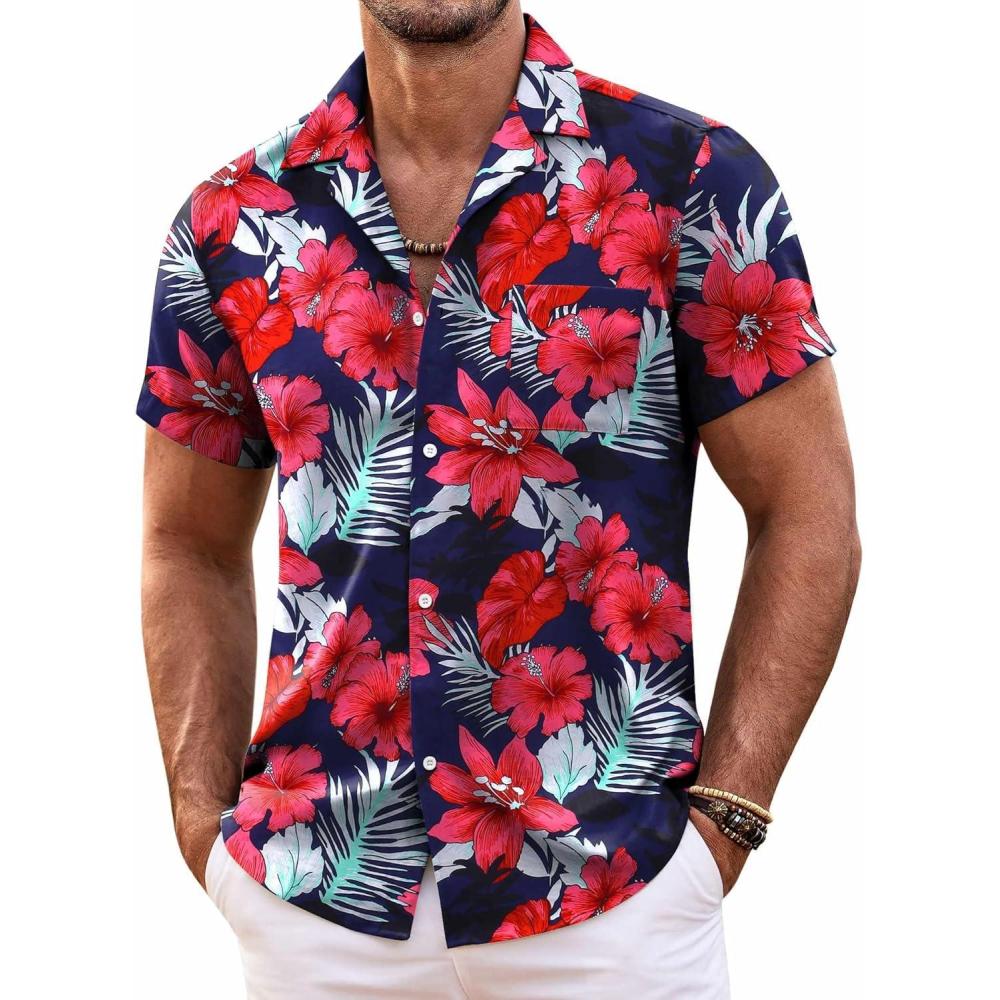 imageCOOFANDY Mens Casual Short Sleeve Shirts Summer Beach Shirt Button Down Textured Shirts Vacation Hawaiian ShirtsNavyfloral