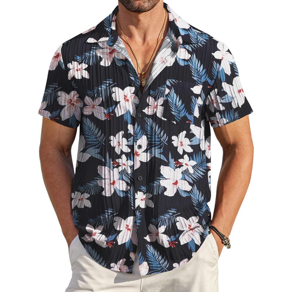 imageCOOFANDY Mens Casual Short Sleeve Shirts Summer Beach Shirt Button Down Textured Shirts Vacation Hawaiian ShirtsNavywhite Floral