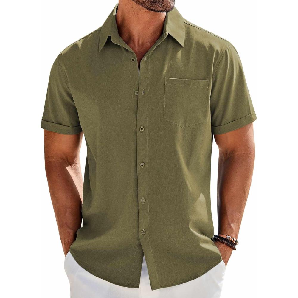 imageCOOFANDY Mens Casual Short Sleeve Shirts Summer Beach Shirt Button Down Textured Shirts Vacation Hawaiian ShirtsOlive Green