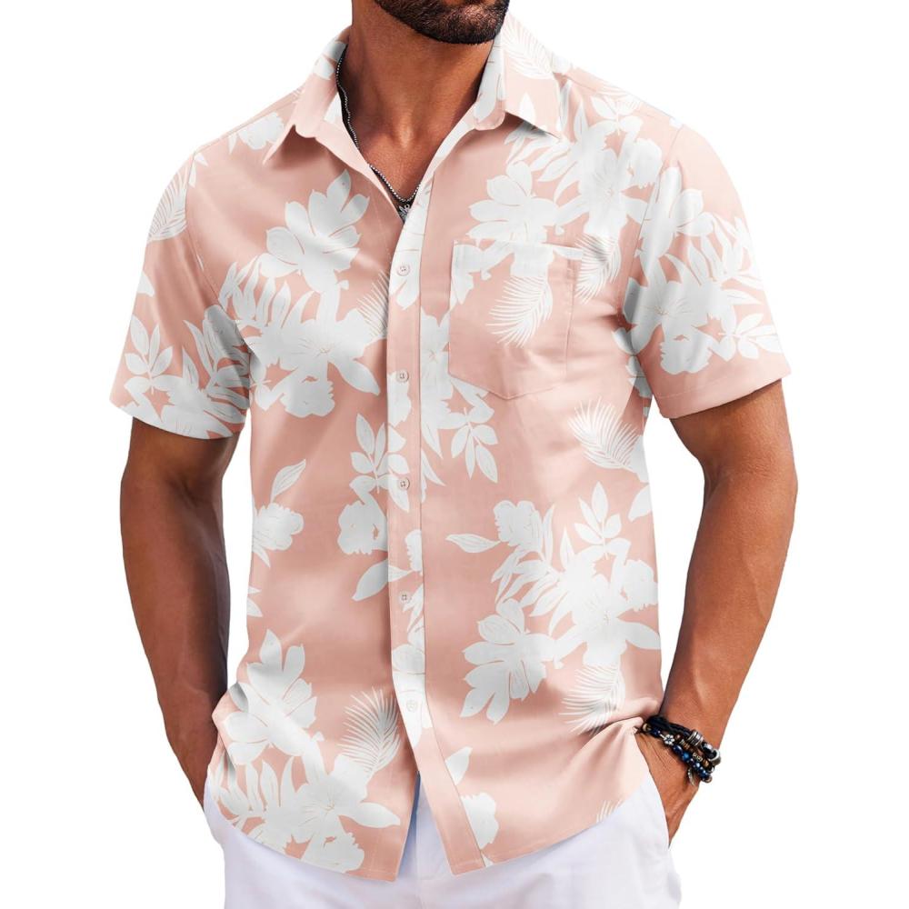 imageCOOFANDY Mens Casual Short Sleeve Shirts Summer Beach Shirt Button Down Textured Shirts Vacation Hawaiian ShirtsPink  White Flower