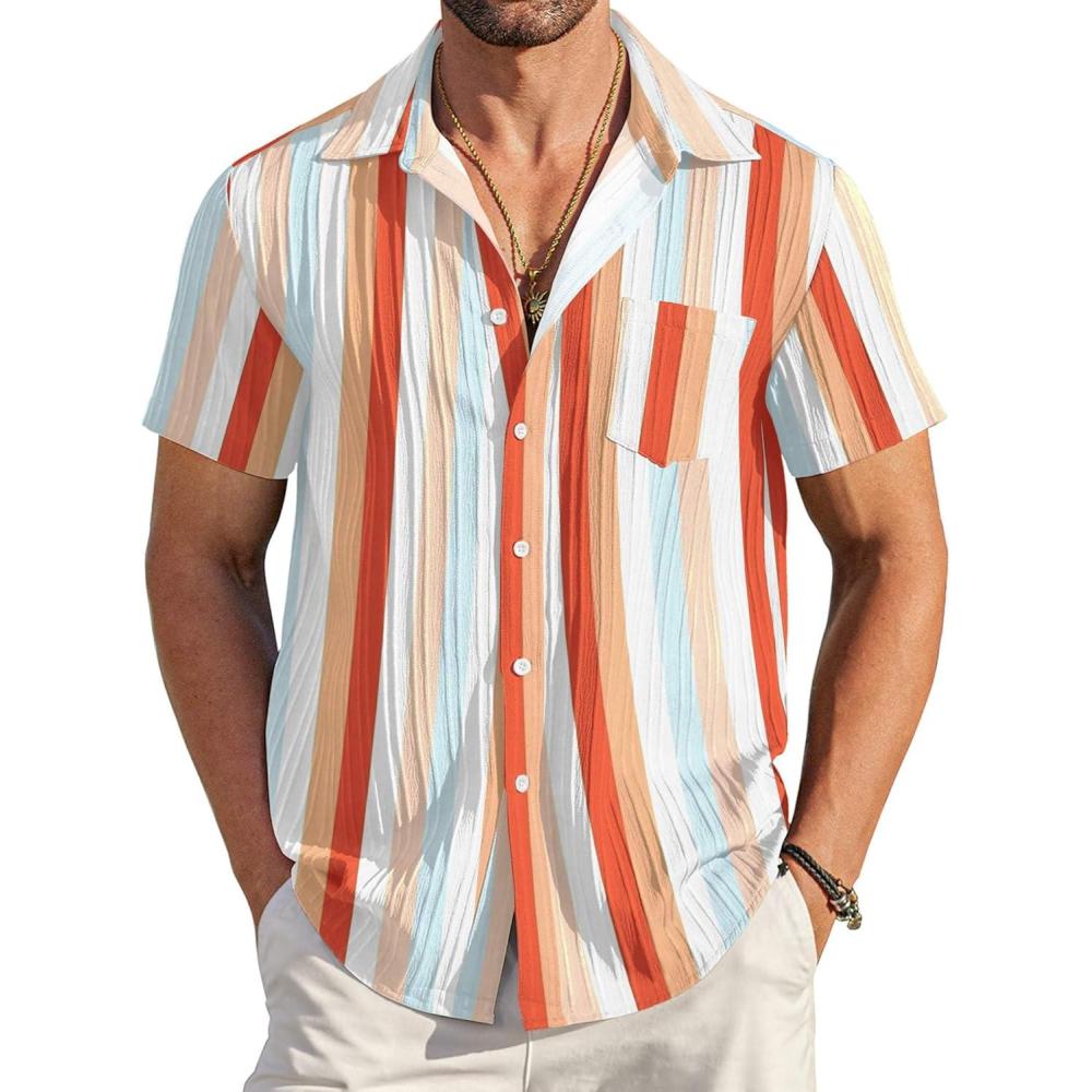 imageCOOFANDY Mens Casual Short Sleeve Shirts Summer Beach Shirt Button Down Textured Shirts Vacation Hawaiian ShirtsRainbow Stripes