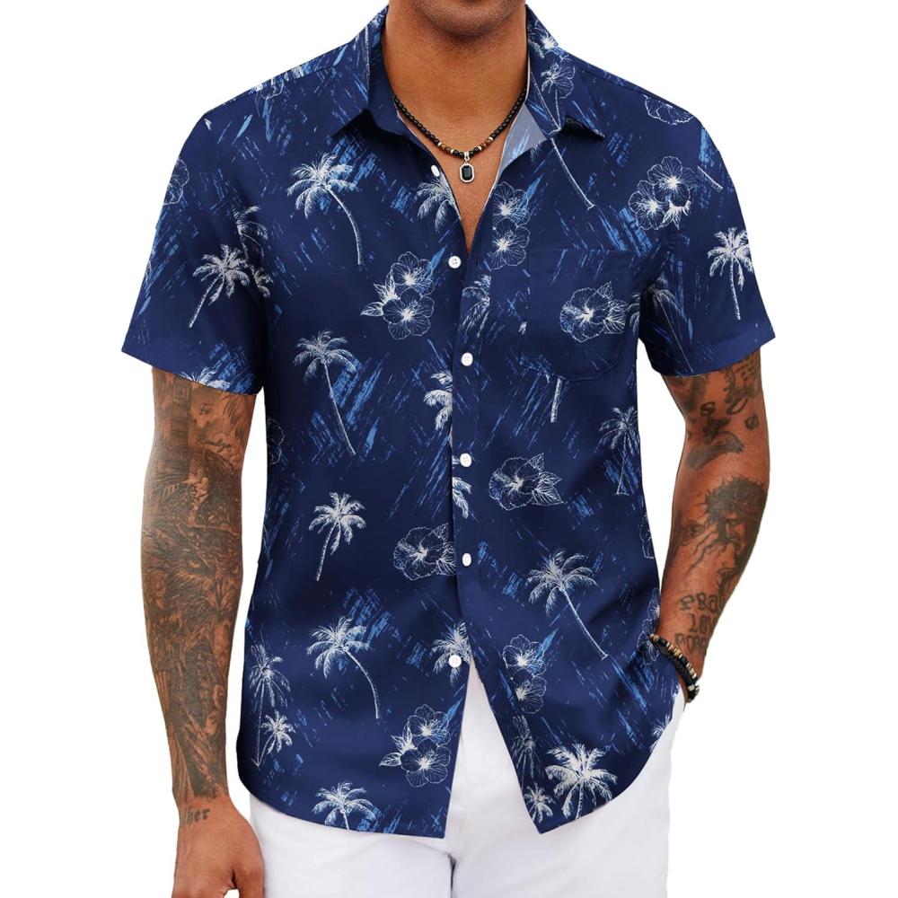 imageCOOFANDY Mens Casual Short Sleeve Shirts Summer Beach Shirt Button Down Textured Shirts Vacation Hawaiian ShirtsRoyal Blue Palm Tree