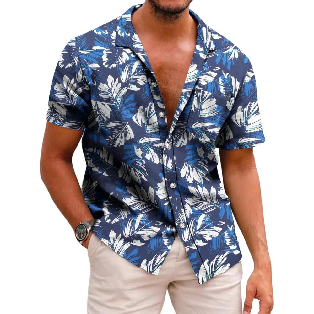 imageCOOFANDY Mens Casual Short Sleeve Shirts Summer Beach Shirt Button Down Textured Shirts Vacation Hawaiian ShirtsRoyal Blue  White Leaf