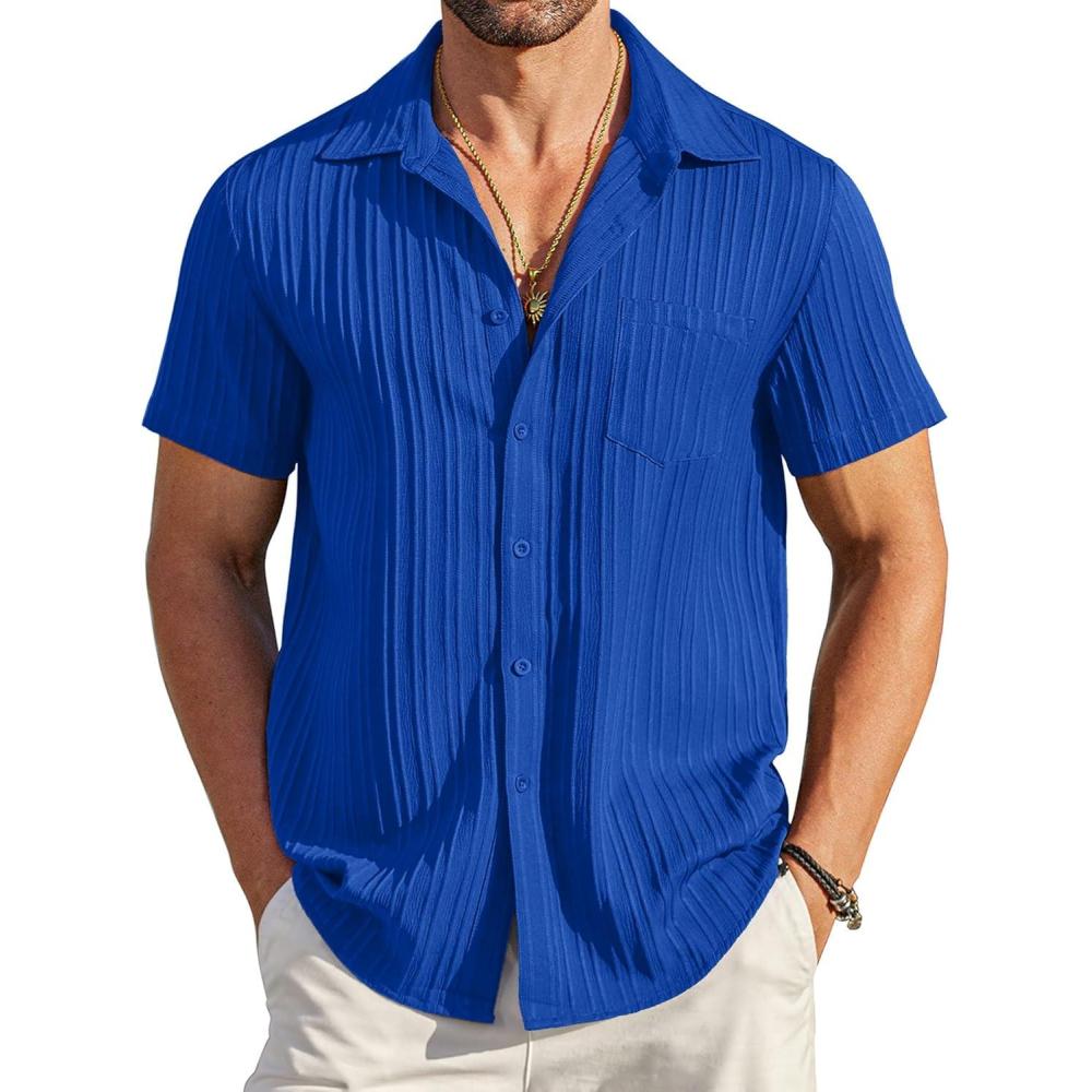 imageCOOFANDY Mens Casual Short Sleeve Shirts Summer Beach Shirt Button Down Textured Shirts Vacation Hawaiian ShirtsRoyal Blue