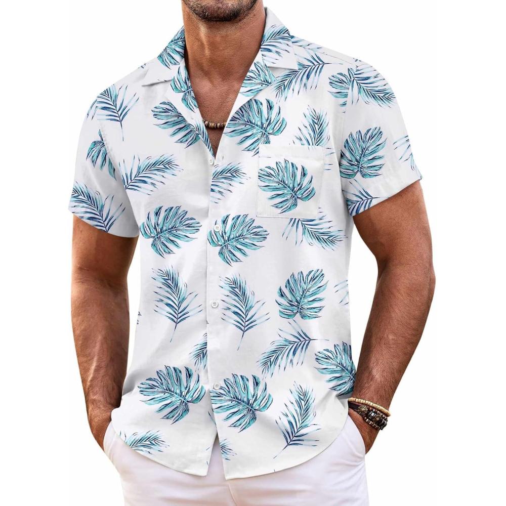 imageCOOFANDY Mens Casual Short Sleeve Shirts Summer Beach Shirt Button Down Textured Shirts Vacation Hawaiian ShirtsWhite Palm Leaf
