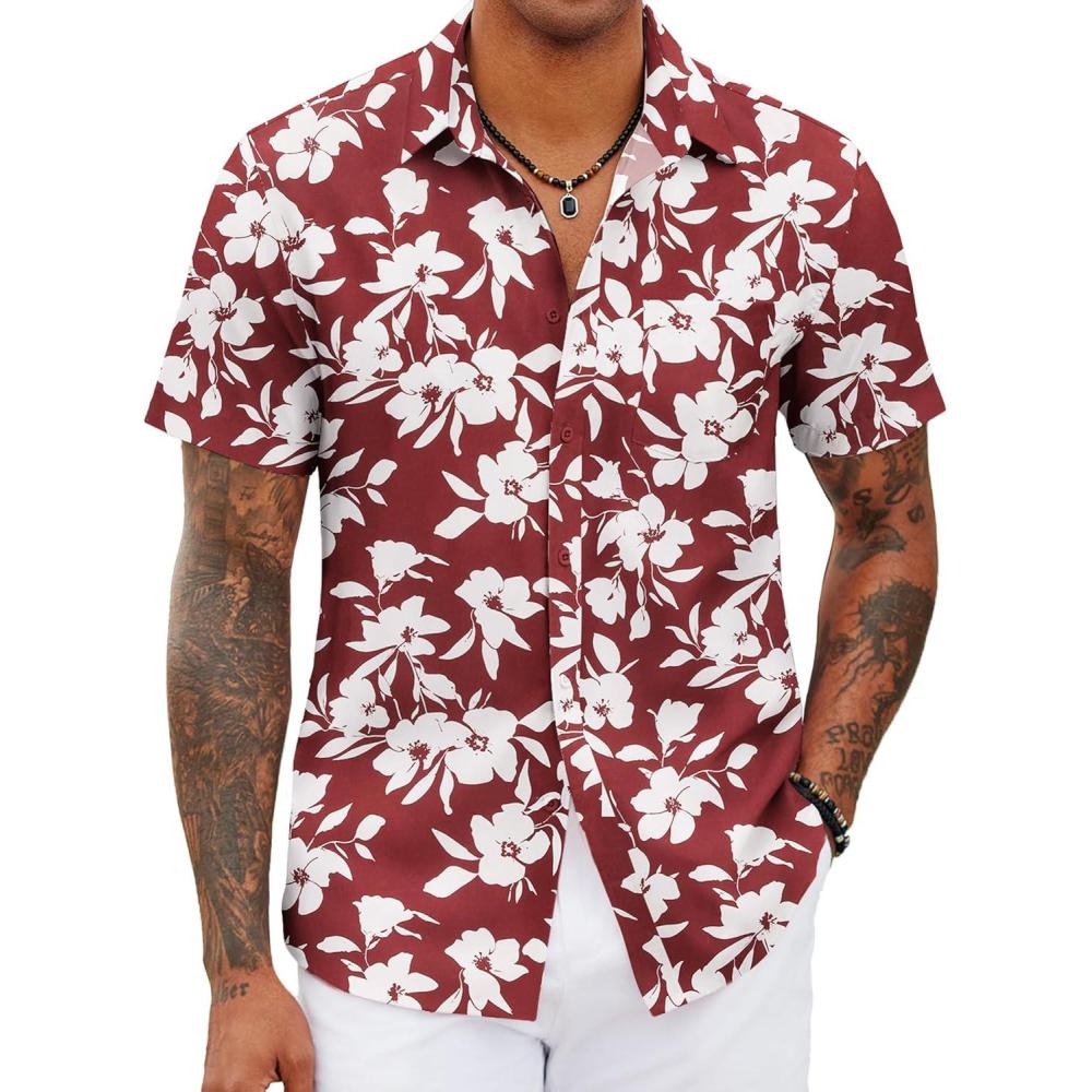 imageCOOFANDY Mens Casual Short Sleeve Shirts Summer Beach Shirt Button Down Textured Shirts Vacation Hawaiian ShirtsWine Red White Floral